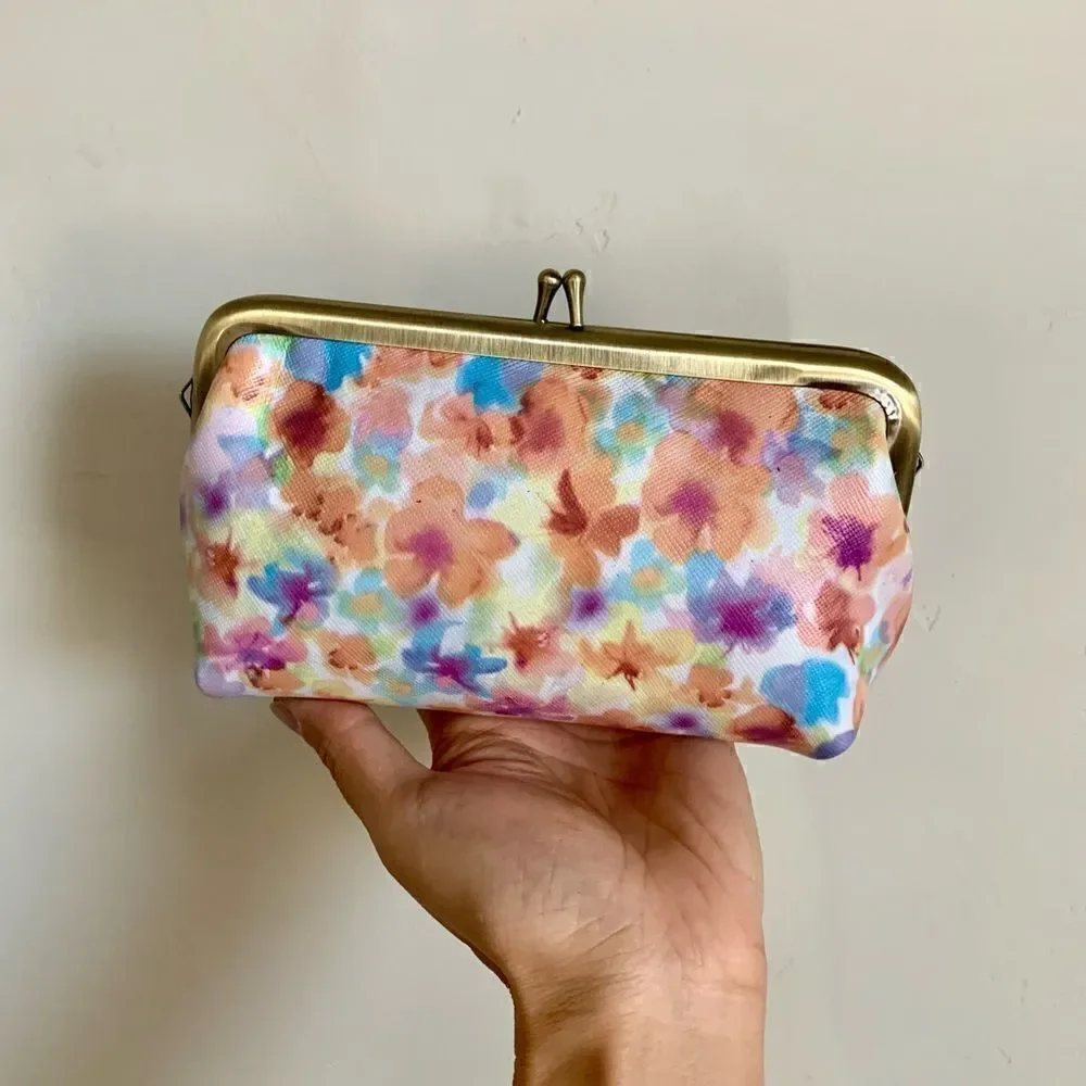 Handmade Genuine Leather Floral Print, Metal Frame Small Clutch/Cosmetic Case